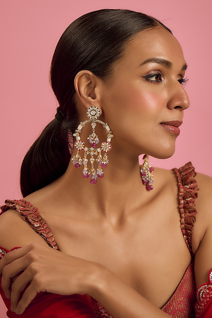 Gold Plated Red & Blue Quartz Chandbali Earrings In Sterling Silver by Kiara Luxe at Pernia's Pop Up Shop